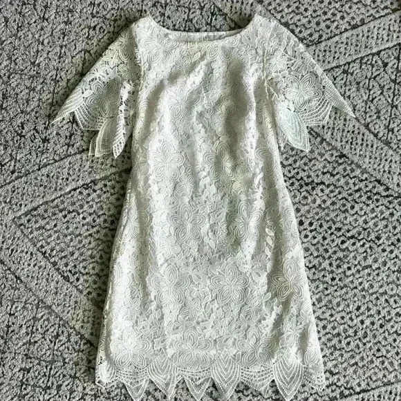Anthropologie Women White Charleston Lace Scalloped Trim Mini Dress Size 2